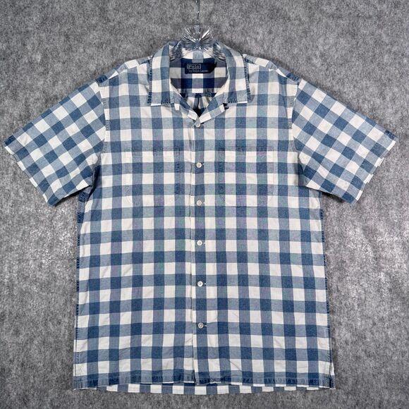 Polo Ralph Lauren Shirt Mens Medium Blue Plaid Short Sleeve Camp Loop Collar - Picture 2 of 12